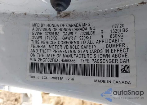 2020 Honda Civic Sport z USA, uszkodzony, nr VIN 2HGFC2F8XLH566386